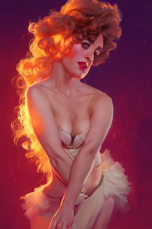 Image similar to a beautiful voluminous woman burlesque dancer on a stage, spotlight, highly detailed, digital painting, artstation, concept art, smooth, sharp focus, illustration, cinematic lighting, art by artgerm and greg rutkowski and alphonse mucha