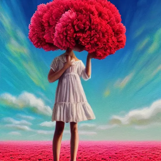 Image similar to head made of carnations flower, girl standing in a vast flower field, surreal photography, sunrise dramatic light, impressionist painting, colorful clouds, large sky, digital painting, artstation, simon stalenhag, flower face