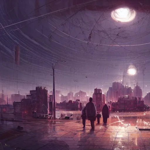 Prompt: A city trapped in a giant transparent dome, bubbles, cinematic lighting, insanely detailed, intricate, artstation, cgsociety, painted by Simon Stalenhag, Craig Mullins, concept art, illustration, sharp focus,