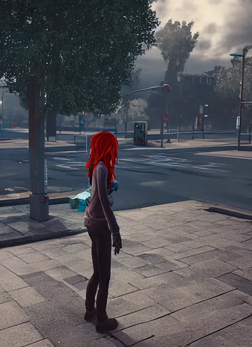 Prompt: undead girl standing on a bus stop ; unreal engine ; wide angle ; highly detailed