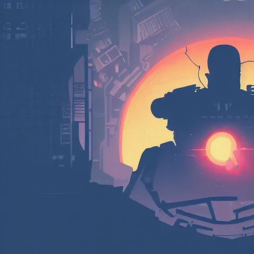 Image similar to in the style of max prentis and deathburger and laurie greasley a silhouette of a young explorer wearing a cyberpunk headpiece sitting on the head of a giant robot watching the sunset in the distance, highly detailed, 8k wallpaper