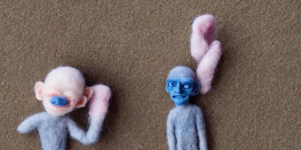 Prompt: needle felt portrait of gollum, tilt shift, eerie, god rays