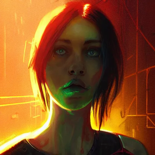 Image similar to molly millions, closeup portrait of a young beautiful cyberpunk woman, glowing eye implants, black hair in a rough shag, sunset, neuromancer, street samurai, cyberpunk city background, megacity, gorgeous view, depth, painted by seb mckinnon, high detail, digital art, painted by greg rutkowski, trending on artstation