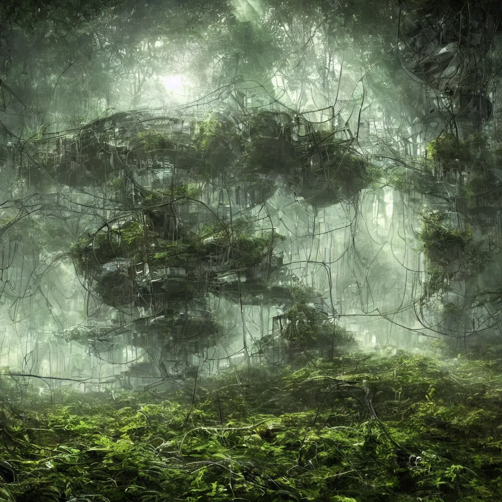 Prompt: a broken alien supercomputer covered in foliage and wires deep in the forest, futuristic ruins, god rays, warm natural lighting, beautiful somber melancholic atmosphere