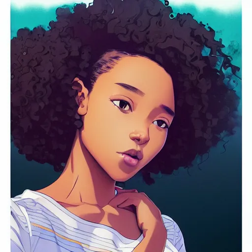 Image similar to a comic portrait of a teenager light - skin girl, afro hair, fine - face, realistic shaded perfect face, fine details, day setting. very anime style. realistic shaded lighting poster by ilya kuvshinov katsuhiro, magali villeneuve, artgerm, jeremy lipkin and michael garmash, rob rey and kentaro miura style, trending on art station