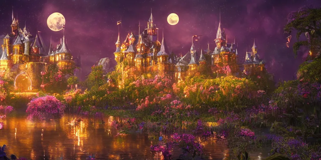 Image similar to a single glittering fairy castle at night, a full moon, water and colourful flowers, extremely detailed oil painting, unreal 5 render, fantasy digital art, octane render, beautiful composition, trending on artstation, award-winning photograph, masterpiece