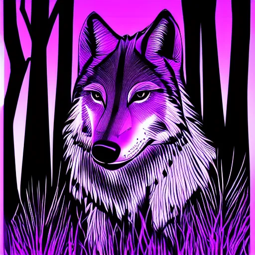 Prompt: silhouette of a wolf, forest background, vectorial art, gradient black to purple, multiple level of backgrounds, trending on artstation