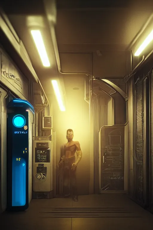 Prompt: in a corridor, a human in a still suite from dune in front of a vending machine, his profile and face lit by the blue neon light of the machine in front of him, blade runner style, gloomy mood, hyper-realistic environment,Epic concept art. Octane render and Unreal Engine