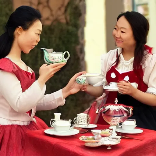 Image similar to Meilin Lee from Turning Red and Mirabel Madrigal from Encanto having a tea party, 8k, ultra realistic, highly detailed