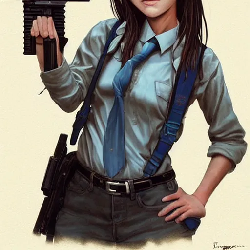 Image similar to portrait of a brunette thin teenager girl with blue eyes wearing school uniform, aims his spas-12 shotgun at you, light stubble, digital art,photorealistoc,art by greg rutkowski,hyperdetailed,western comic style,comic,comic style,sharp lineart,professional lighting,deviantart,artstation,trevor henderson,rossdtaws,cinematic,dramatic