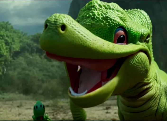 Image similar to film still of yoshi in the new sci - fi movie, upright dinosaur with a small turtle shell and long tongue, 8 k