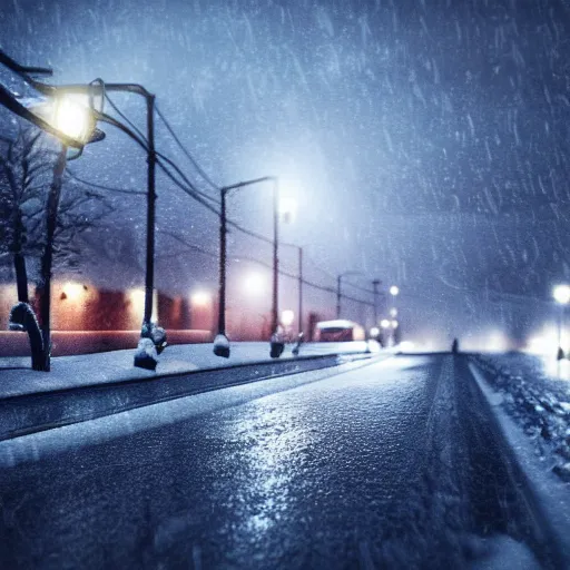 Image similar to snow dark rainy night, lights, swedish houses, cars driving on road, rain on screen, planes flying in sky, realistic, cinematic, raytracing, intense detail, artstation