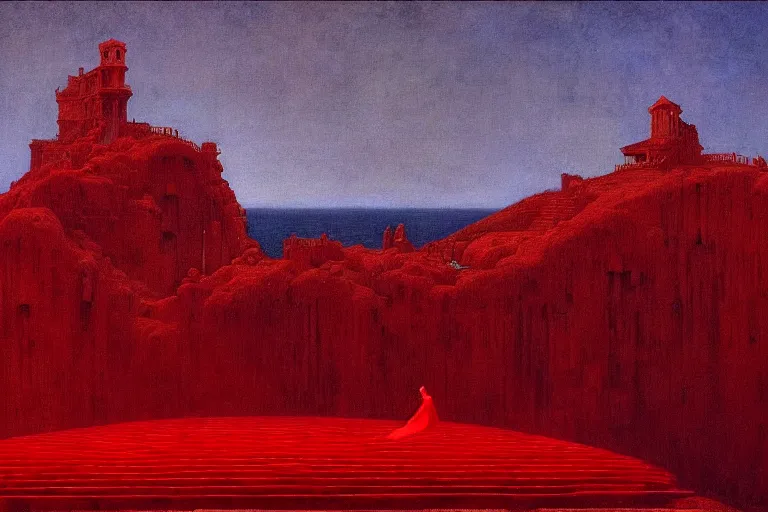 Image similar to only with red, a red melted emperor, taormina amphitheatre, crowd hails him, in the style of beksinski, parts by edward hopper, parts by rodcenko, parts by yue minjun, intricate and epic composition, red by caravaggio, insanely quality, highly detailed, masterpiece, red light, artstation, 4 k