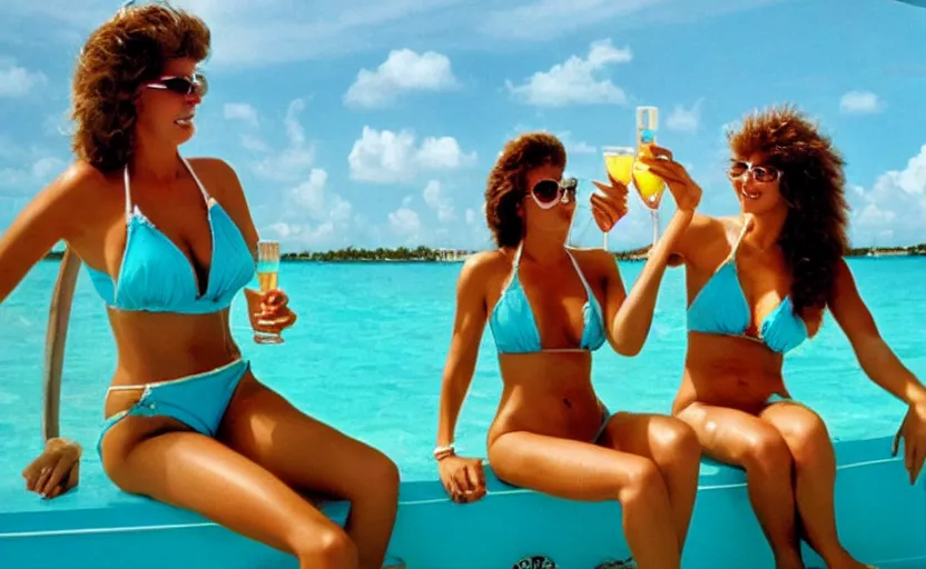 Image similar to photorealistic picture of two bikini girls drinking champagne on a sport boat. turquoise water. miami. 8 0's style