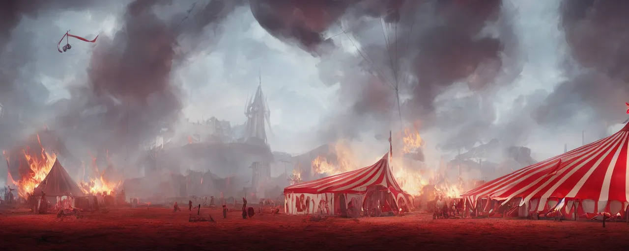 Image similar to red and white circus tent on fire, wide angle, matte painting, concept art, cgsociety, octane render, trending on artstation, artstationHD, artstationHQ, unreal engine, 4k, 8k