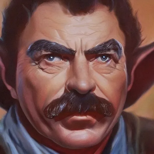 Prompt: ultra realistic portrait painting of tom selleck as yoda, art by frank frazetta, 4 k, ultra realistic, highly detailed, epic lighting