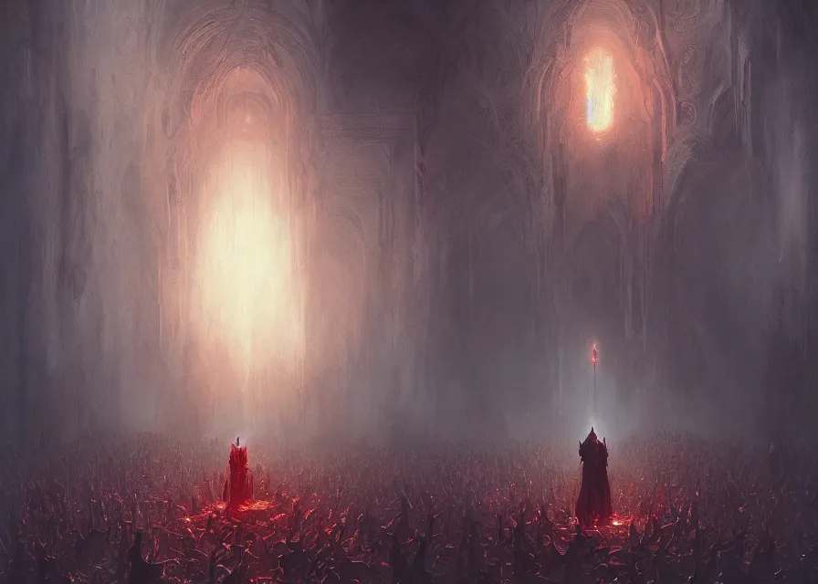 Prompt: People from cult worshipping demons, lit by the red abyss light, abandoned by gods, hyperdetailed artstation cgsociety by greg rutkowski and by Gustave Dore