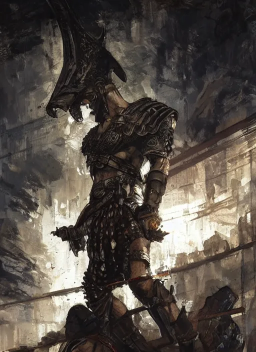 Image similar to ancient historically accurate depiction of the Bible Character Goliath of Gath, the Philistine warrior giant in ancient persian chainmail armor, dramatic lighting art by Yoji Shinkawa by Richard Schmid by greg rutkowski by Sandra Chevrier by Jeremy Lipking cinematic dramatic