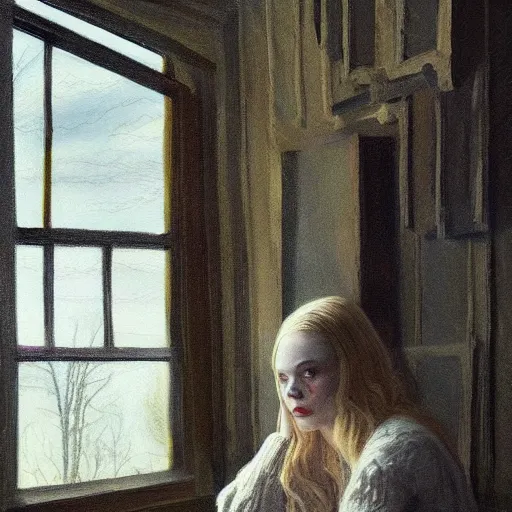 Prompt: Elle Fanning in the painted world of Hell, head and shoulders masterpiece, apocalypse, golden hour, cosmic horror, artstation, in the style of Andrew Wyeth and Edward Hopper and Bosch, extremely detailed