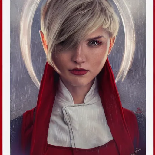 Image similar to elf woman standing in rain, short blonde hair, red and white chef's apron, sharp focus, intricate, smooth, ultra realistic digital art, d & d, high fantasy, pointed ears, elegant, by artgerm, greg rutkowski, raymond swanland, alphonse mucha