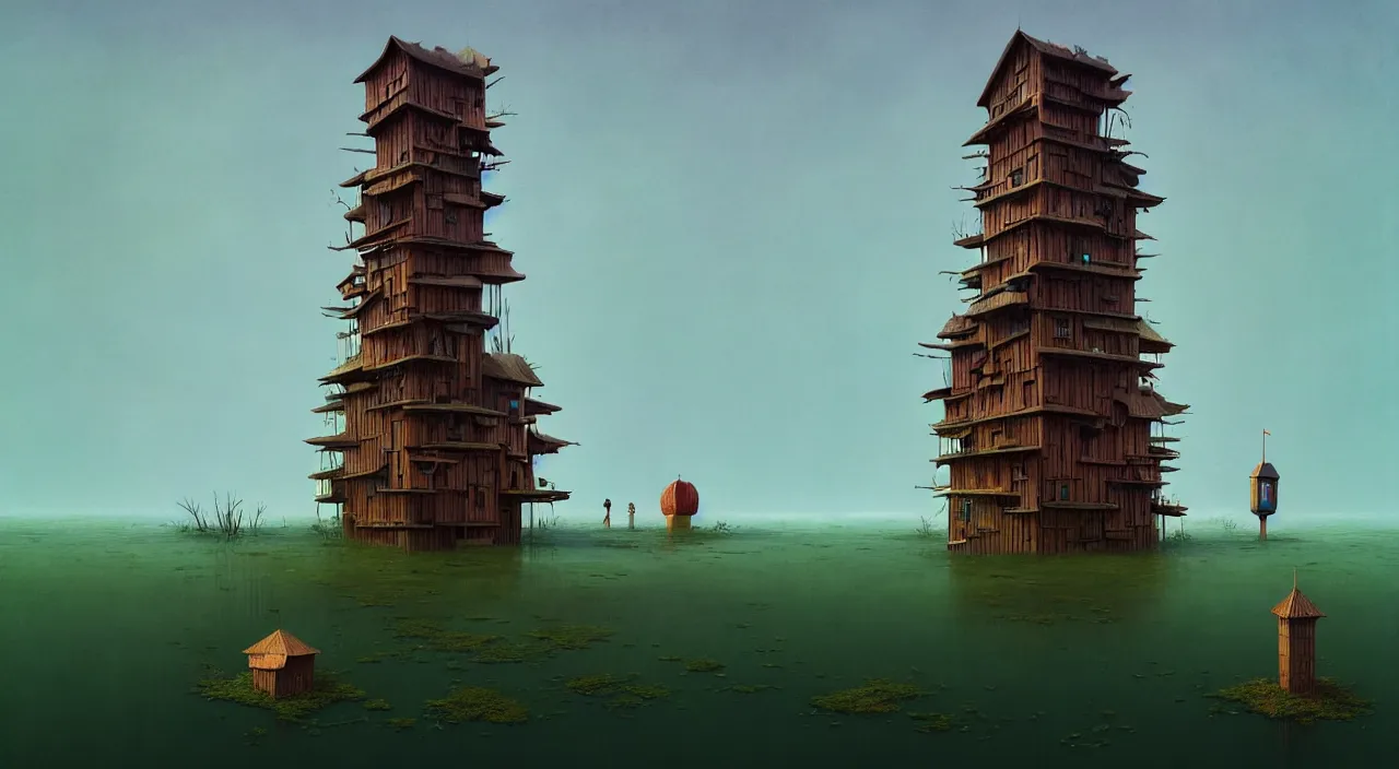 Prompt: single flooded simple wooden tower, very coherent and colorful high contrast ultradetailed photorealistic masterpiece by gediminas pranckevicius dean ellis franz sedlacek simon stalenhag, dark shadows, sunny day, hard lighting