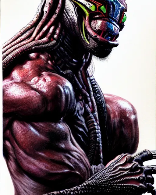 Prompt: a portrait of the predator fantasy character portrait, ultra realistic, cinematic, concept art, wide angle, intricate details, hologram, highly detailed by wayne barlowe,