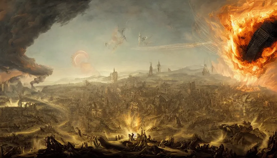 Image similar to 1 6 8 7's baroque painting of alien invasion on earth, destruction, fire and ashes, smoke columns, destroyed cities, day or night, hyperdetailed, artstation, cgsociety, 8 k