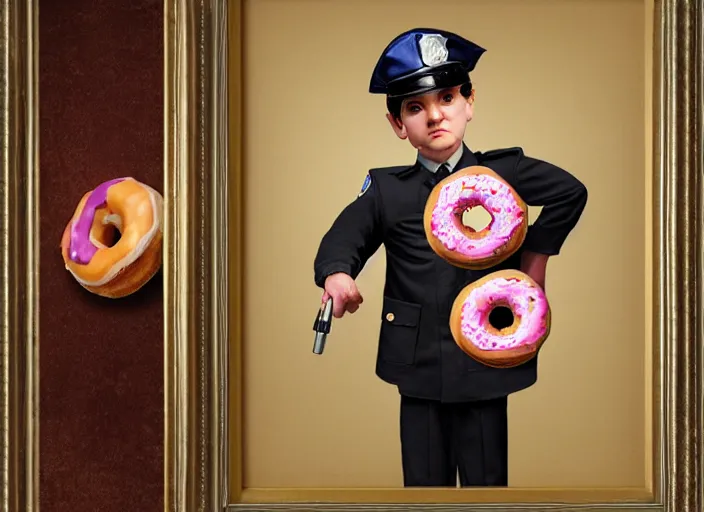 Image similar to a donut dressing a police officer costume, lowbrow, matte painting, 3 - d highly detailed, in the style of mark ryden,