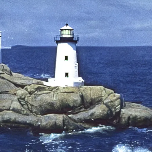 Prompt: movie still of Godzilla attacking the Peggy's cove lighthouse