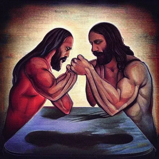 Image similar to “Jesus and Satan arm wrestling in a dive bar, apocalyptic”