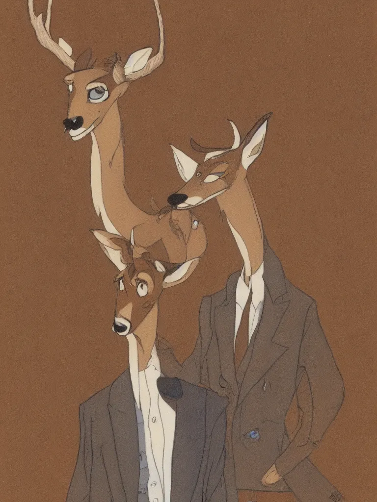 Image similar to a portrait of a male deer in suit, by Don Bluth