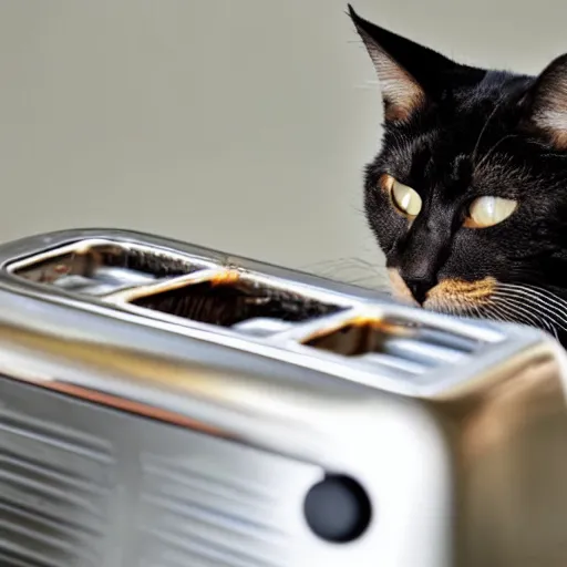a cat looking down at a toaster waiting for the toast Stable