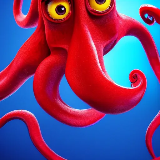 Image similar to portrait of red octopus, sly, cunning, blue background, pixar style animation 3d extremely gloomy lighting, atmospheric, cinematic, detailed illustration unreal Engine, 8K