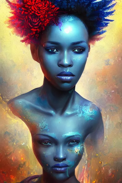 Image similar to portrait of beautiful young maiden, warhammer, afro style, more and more cyberpunk, a lot of more scars, more and more flowers, blue head, some red water, the middle ages, highly detailed, artstation, illustration, artgerm sylvari portrait, 8 k quality, art by max ernst