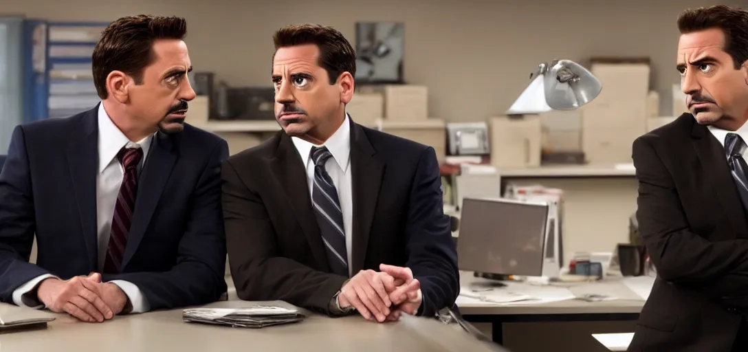 Image similar to a very high resolution image of tony stark and micheal scott. from an episode of the office. photorealistic, photography