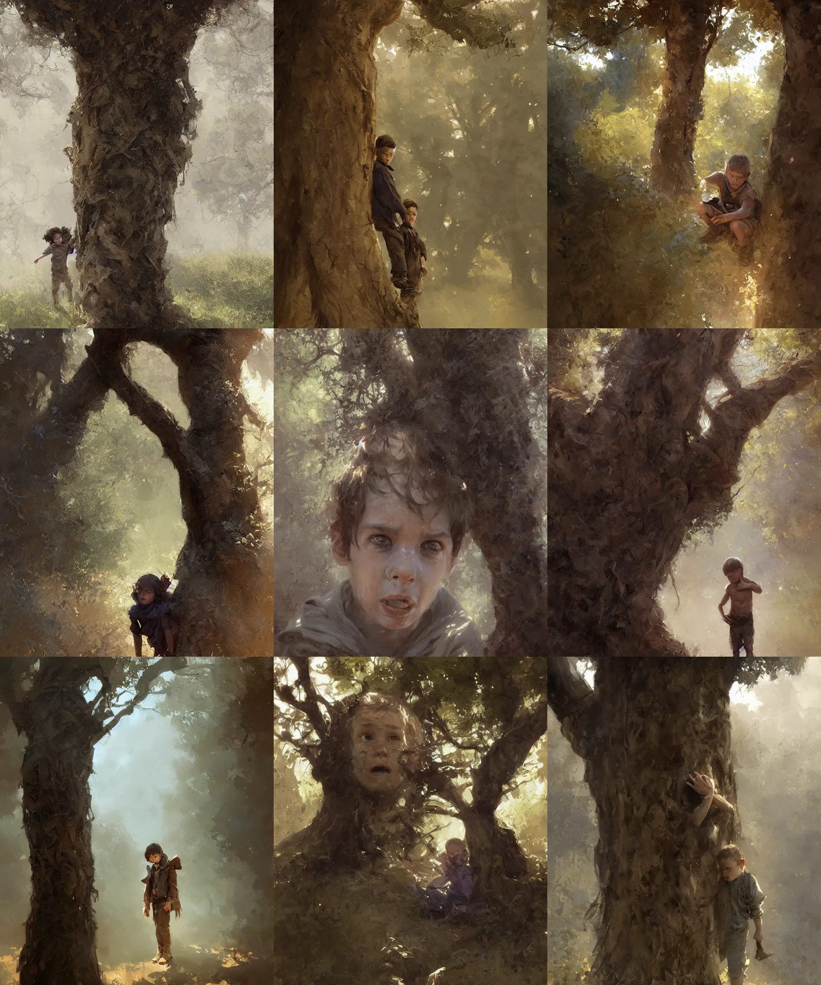 Prompt: digital art painting of a young scared boy hiding behind a tree by craig mullins and gaston bussiere and greg rutkowski, symmetrical face, defined facial features, symmetrical facial features, dramatic lighting