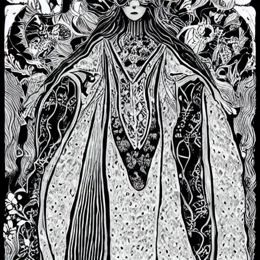Image similar to black and white pen and ink!!!!!!! Suprani!!!!! wizard beautiful long hair Anya Taylor-Joy wearing High Royal flower print robes flaming!!!! final form flowing ritual royal!!! Contemplative stance Vagabond!!!!!!!! floating magic witch!!!! glides through a beautiful!!!!!!! Camellia!!!! Tsubaki!!! death-flower!!!! battlefield behind!!!! dramatic esoteric!!!!!! Long hair flowing dancing illustrated in high detail!!!!!!!! by Hiroya Oku!!!!!!!!! graphic novel published on 2049 award winning!!!! full body portrait!!!!! action exposition manga panel black and white Shonen Jump issue by David Lynch eraserhead and beautiful line art Hirohiko Araki!! Frank Miller, Kentaro Miura!, Jojo's Bizzare Adventure!!!! 3 sequential art golden ratio technical perspective panels horizontal per page