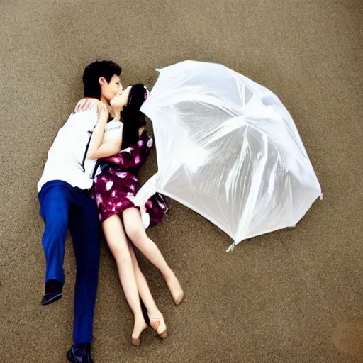 Image similar to A romantic couple from a Korean drama kissing in the rain crash landing in your heart, cover, real life