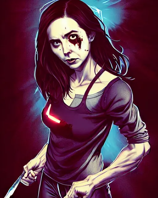 Image similar to Rafael Albuquerque comic cover art, loish, Sam yang, artgerm, Ross tran, pretty female Alison Brie serial killer holding bloody knife, blood on clothes and face, sarcastic smile, symmetrical eyes, symmetrical face, full body, jean jacket, jeans, short blonde hair, middle shot, highly saturated, deep blacks