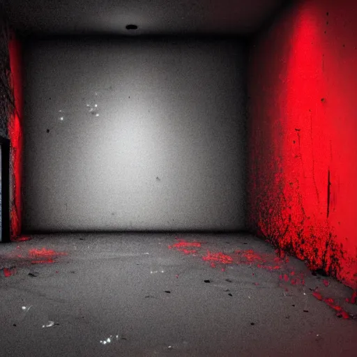 Image similar to cctv of an extremely dark empty abandoned building with glowing humanoid cryptid made out of television static, dark deep black shadows, red and black color contrast in the style of trevor henderson and james ensor goya, liminal space, 3 d octane render, glitch effect