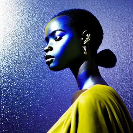 Image similar to portrait of african woman, iridescent metallic face, mercury, mirror reflections, smooth, liquid metal, proud, looking away, outdoor, blue sky, fashion advertising campaign, 8 k, realistic, depth of field, highly detailed, award winning photography, by richard mosse