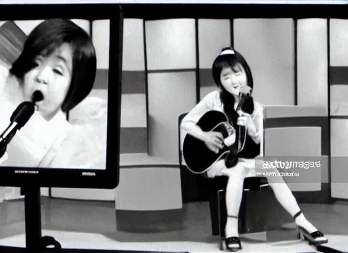 Image similar to Japanese funny TV show. VHS footage. A cute girl singing on small stage in the TV studio.