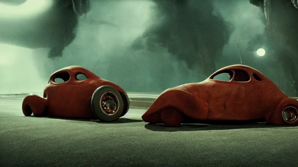 Image similar to the creature drives a hot rod, made of wax and water, film still from the movie directed by Denis Villeneuve with art direction by Salvador Dalí, wide lens