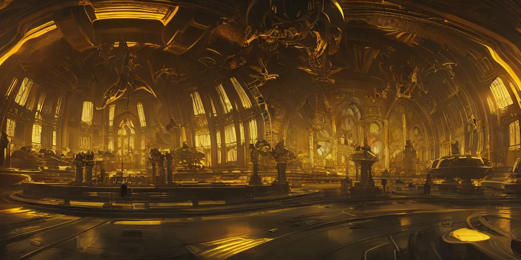 Image similar to cel shaded cinematic shot of the interior of a sci-fi space station with ornate architecture with a giant golden statue in the middle, bustling with people and flying cars, epic castle, gothic architecture, emerald, crystalline, detailed illustration, sharp focus, concept art, unreal engine, octane render, god rays