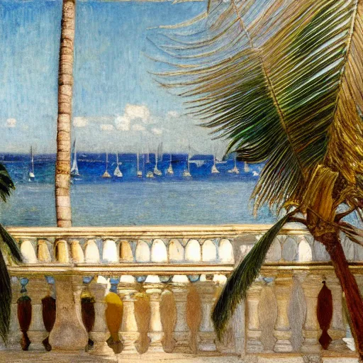 Image similar to a ultradetailed beautiful painting of a old boat in the amazonas palace balustrade designed by jules bastien - lepage, tarsila do amaral, frank weston and gustave baumann, beach, trending on artstation, mediterranean, palm trees, sharp focus, soft light, 8 k 4 k