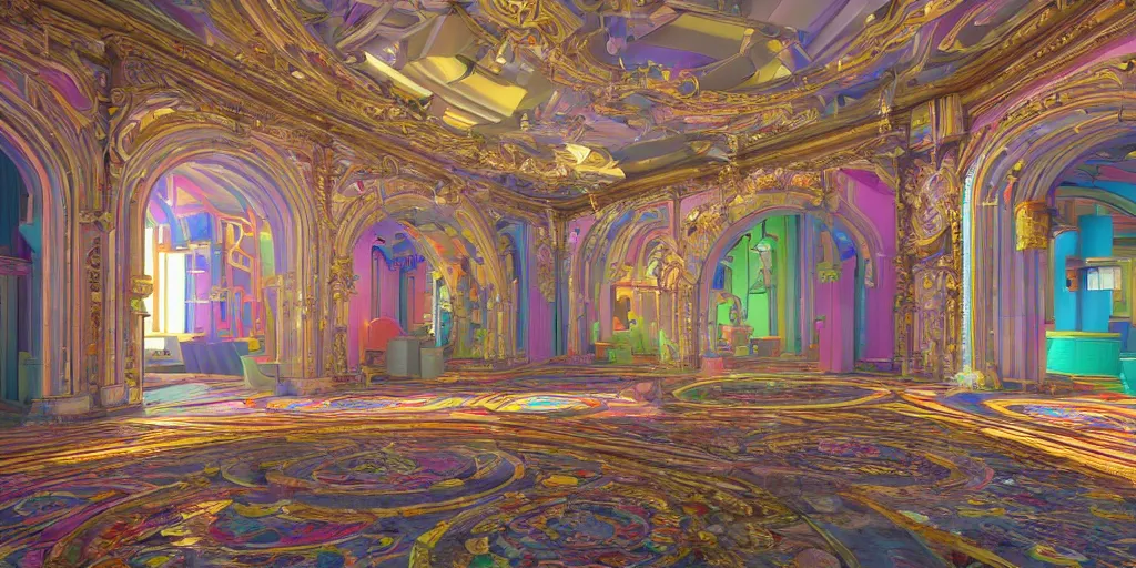 Prompt: colourful futuristic interior baroque, big open floor, 3 d render v - ray photo realistic, 8 k