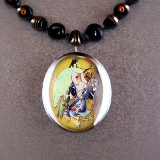 Image similar to artnouveau necklace hieronymus bosch monster creatures as an artnouveau necklace