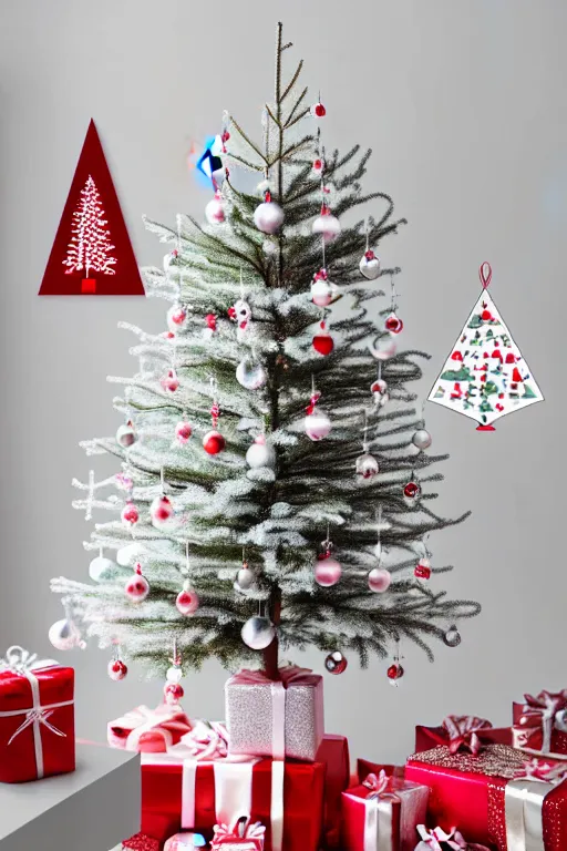 Image similar to flat sticker scandi christmas tree with kitsch glitzy baubles and stars and christmas robin bird decorations, silver pink white red mood, smooth sharp focus