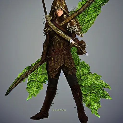 Prompt: male elven Archer armor made of leaves, epic fantasy digital art