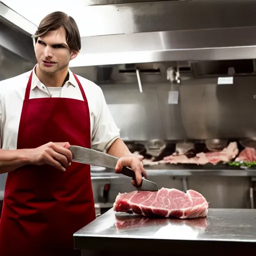 Image similar to ashton kutcher as a butcher wearing a bloody apron with a cleaver in his hand as he chops meat while working in a deli, realistic, hyperrealistic, ultra realistic, real, real world, highly detailed, very detailed, extremely detailed, intricate details, 8 k resolution, hd quality